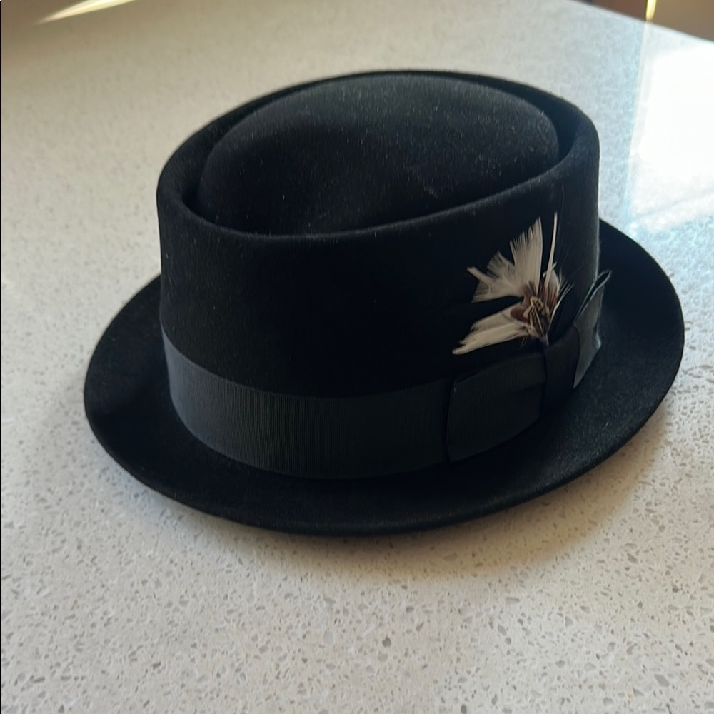 Black Pork Pie Hat with Feather Accent